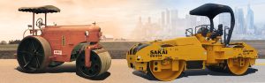 Modern Sakai asphalt compactor faces nearly 100 year old road roller from Japan.