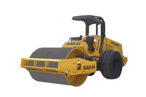 Sakai SV544D 84" 12 ton smooth drum vibrating soil compactor with turf tires and traction control.