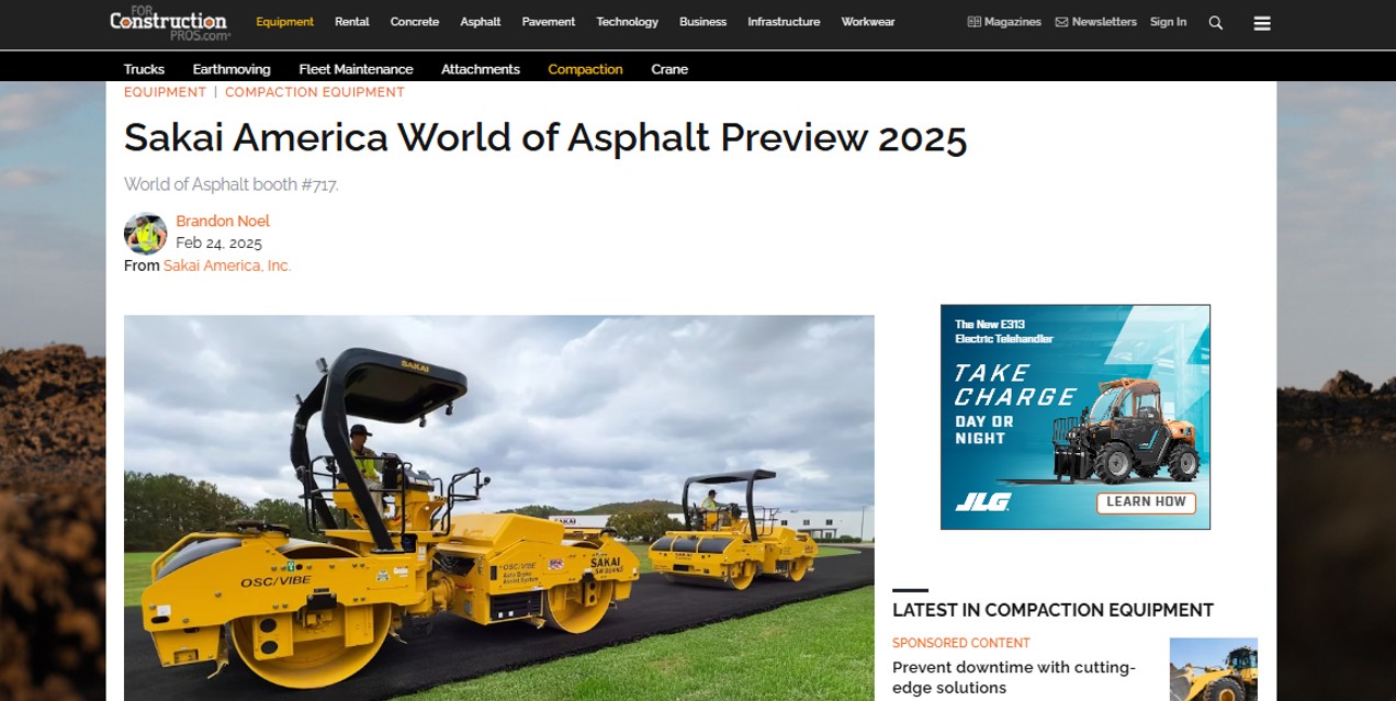 Screenshot of the For Construction Pros article on what SAKAI will show at World of Asphalt 2025.