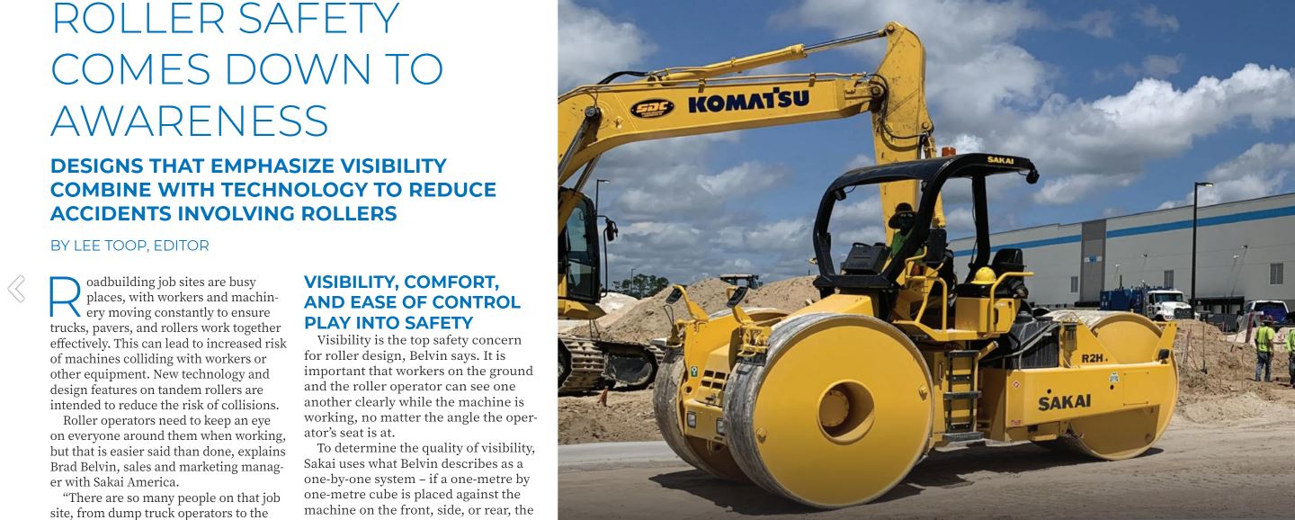 Preview screenshot of Heavy Equipment Guide Canada article on paving jobsite safety showing SAKAI R2H-4 three wheel roller on a site work job.