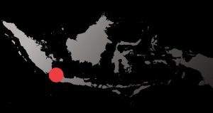 Map of Indonesia islands showing Jakarta pinpoint with grey land and black ocean colors.