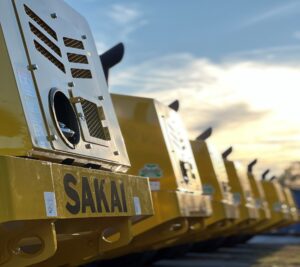 Line of SAKAI soil compactors newly built at our Adairsville Georgia manufacturing plant during the record fiscal year 2022 to 2023.