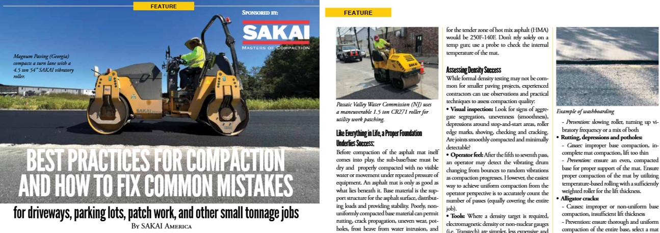 Snippet preview of an Allied Paving Equipment magazine article written by SAKAI America on compaction best practices for paving showing the cover photo and a small section of the article text.