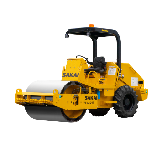 Sakai SV204 soil compactor machine or dirt roller with a single padfoot drum and removable smooth shell kit. Used for site work, site prep, dirtwork, earthwork, and civil construction.