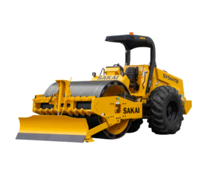 Sakai SV544 12 ton padfoot soil roller or dirt compactor with smooth shell kit and leveling blade.