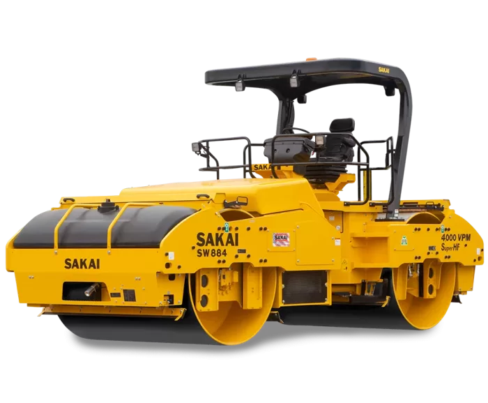 A yellow Sakai SW884 highway class 79 inch 14 ton vibratory tandem double drum asphalt roller.