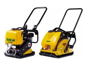 Sakai PC600 and PC800 vibratory plate compactors or tampers side by side to show size difference.