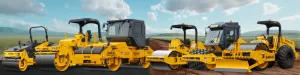 Sakai family of 3 ton to 15 ton asphalt rollers and 5 ton to 12 ton soil compactors over a wide open landscape with a road that is split down the middle with half fresh pavement and the other half compacted dirt.