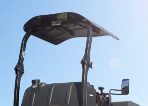 Rear view of the optional ROPS mounted removable sun shade or canopy for the SW354, TW354, SW504, TW504 asphalt roller models.