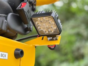 Close up view of the side mounted upgraded LED lights for the R2H-4 three wheel asphalt roller.