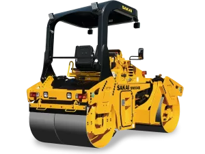 SAKAI SW654B split drum 8 ton class 58" double drum tandem asphalt roller or compactor as seen from the rear quarter view.