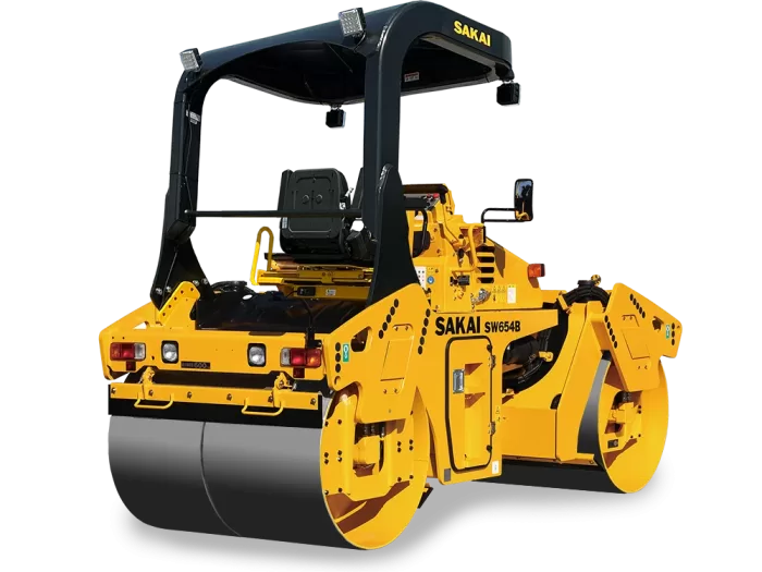 SAKAI SW654B split drum 8 ton class 58" double drum tandem asphalt roller or compactor as seen from the rear quarter view.